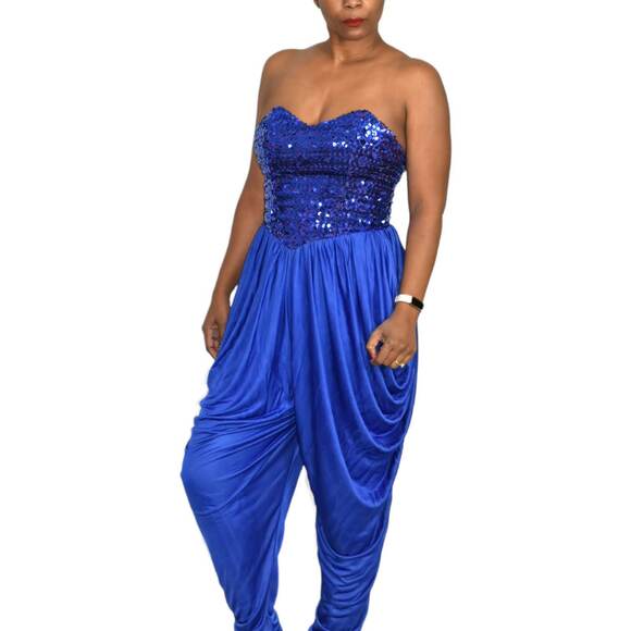 Sequin Draped Jumpsuit Vintage Blue Harem Strapless Sweetheart Pant Size Small - Picture 15 of 16